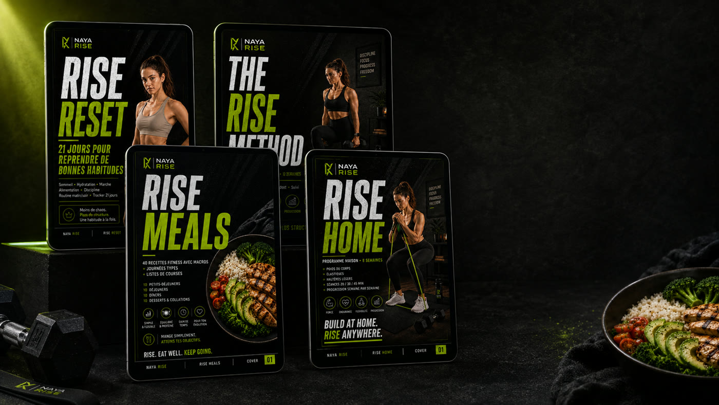 Les quatre programmes NAYA RISE présentés ensemble : RESET, HOME, MEALS et METHOD
