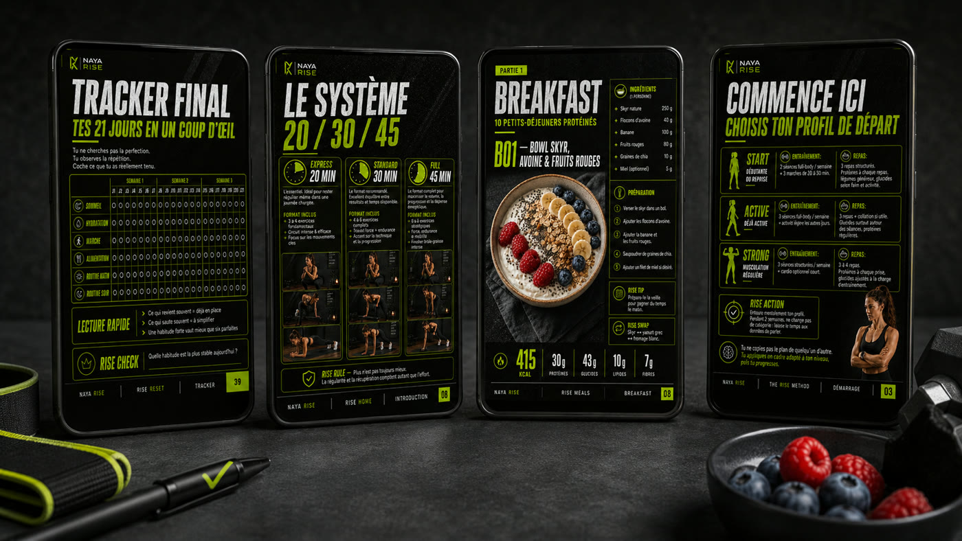 Aperçu du tracker RESET, du système HOME, des recettes MEALS et des profils METHOD